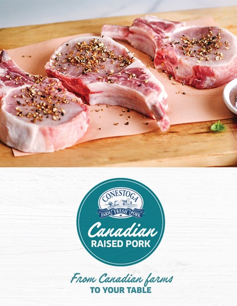 Raw pork chops on cutting board; text reads Canadian raised pork, from Canadian farms to your table