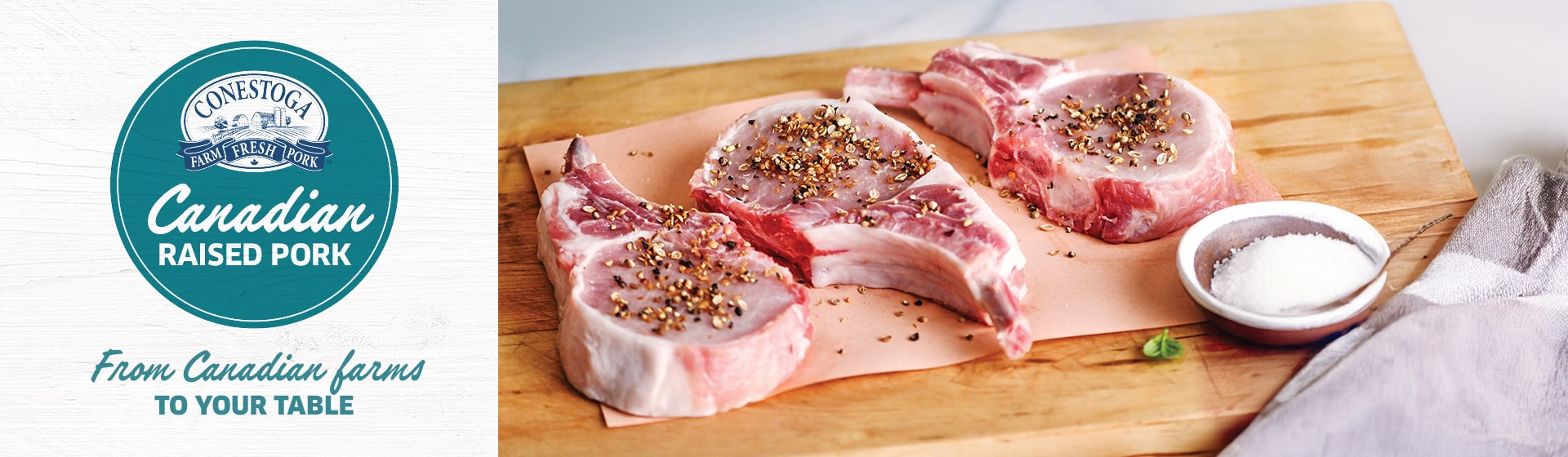 Raw pork chops on cutting board; text reads Canadian raised pork, from Canadian farms to your table